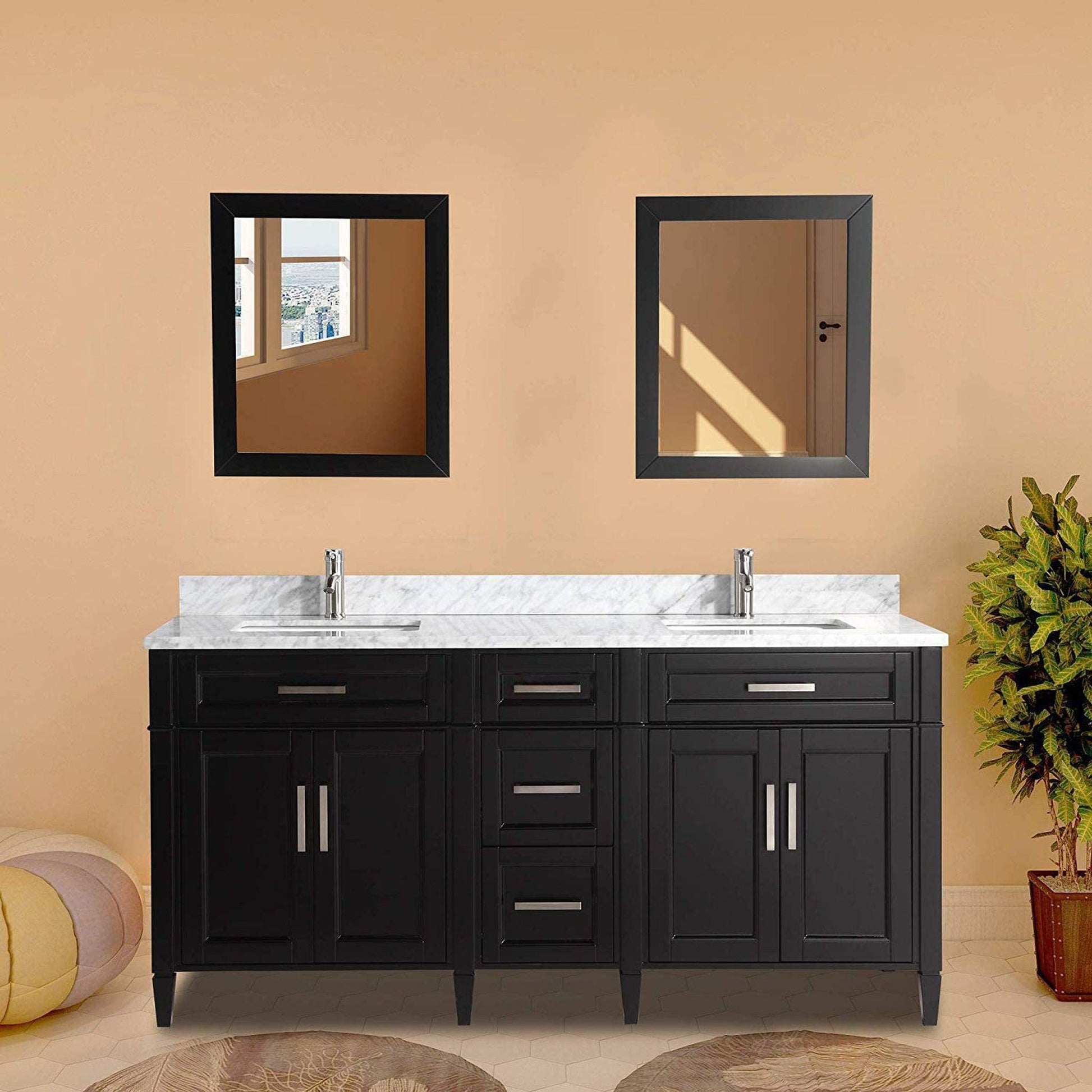 Vanity Art Savona 72" Double Espresso Freestanding Modern Bathroom Vanity Set With Carrara Marble Top, Undermount Ceramic Sink, 5 Dovetail Drawer Cabinet, Backsplash and 2 Mirrors