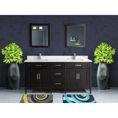 Vanity Art Savona 72" Double Espresso Freestanding Modern Bathroom Vanity Set With Carrara Marble Top, Undermount Ceramic Sink, 5 Dovetail Drawer Cabinet, Backsplash and 2 Mirrors