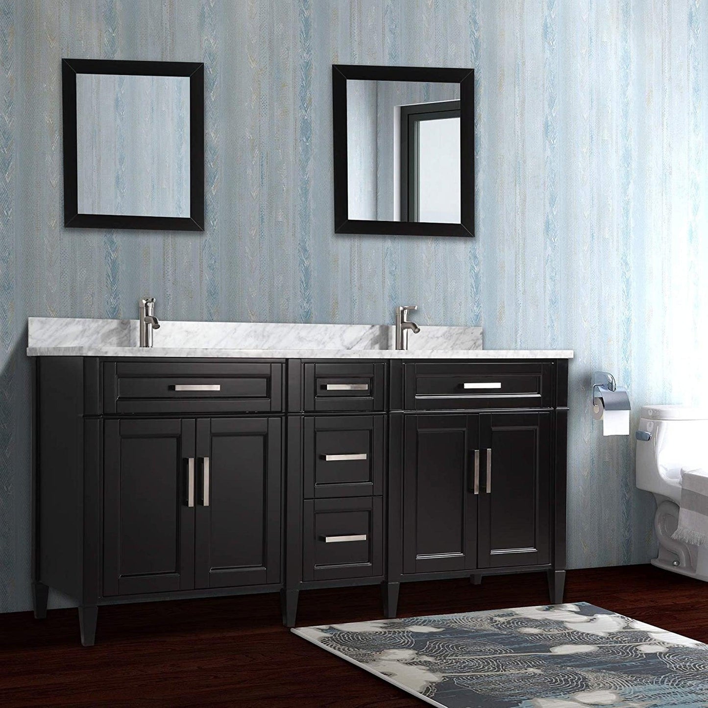 Vanity Art Savona 72" Double Espresso Freestanding Modern Bathroom Vanity Set With Carrara Marble Top, Undermount Ceramic Sink, 5 Dovetail Drawer Cabinet, Backsplash and 2 Mirrors