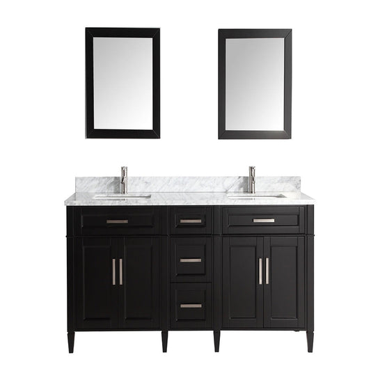 Vanity Art Savona 72" Double Espresso Freestanding Modern Bathroom Vanity Set With Carrara Marble Top, Undermount Ceramic Sink, 5 Dovetail Drawer Cabinet, Backsplash and 2 Mirrors