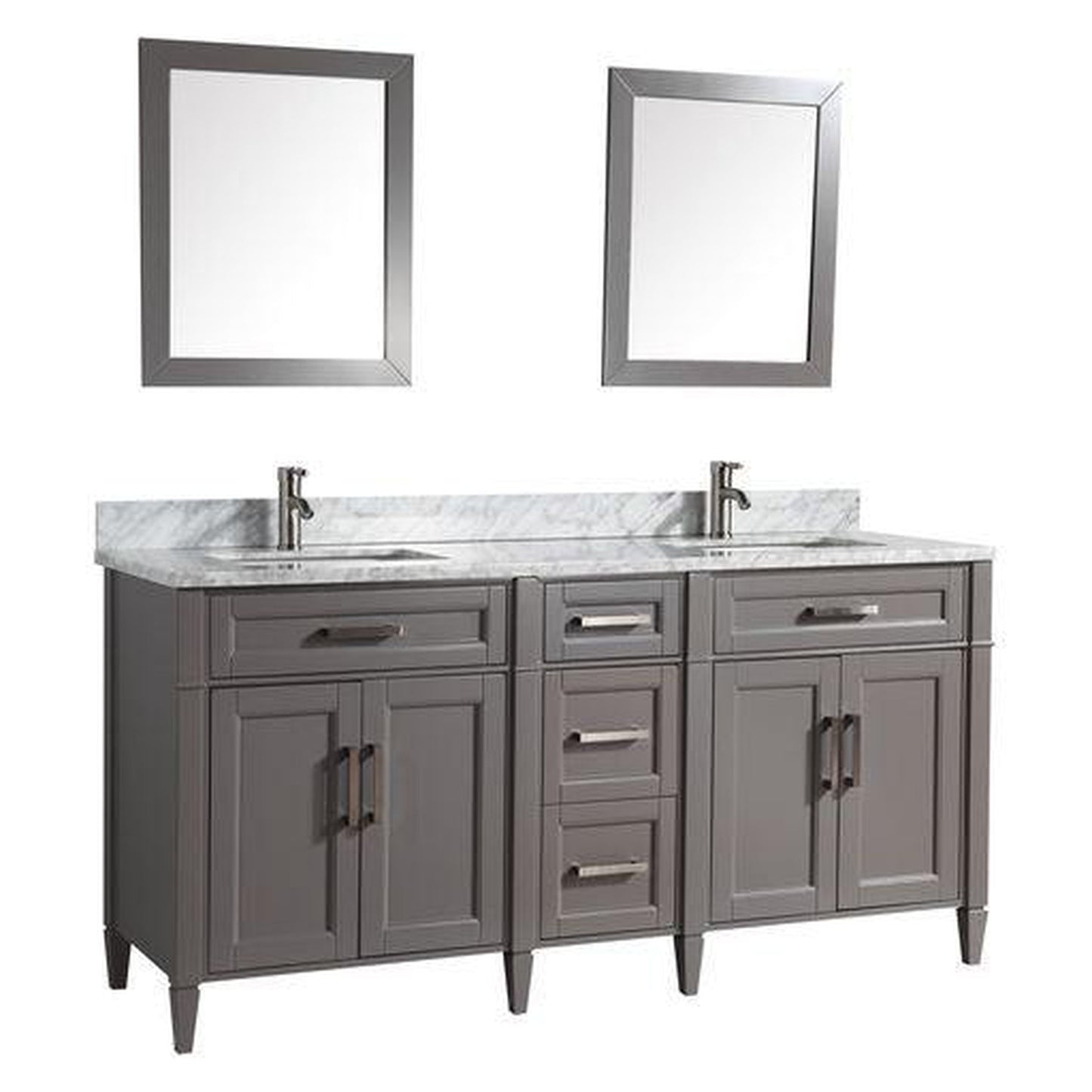 Vanity Art Savona 72" Double Gray Freestanding Modern Bathroom Vanity Set With Carrara Marble Top, Undermount Ceramic Sink, 5 Dovetail Drawer Cabinet, Backsplash and 2 Mirrors