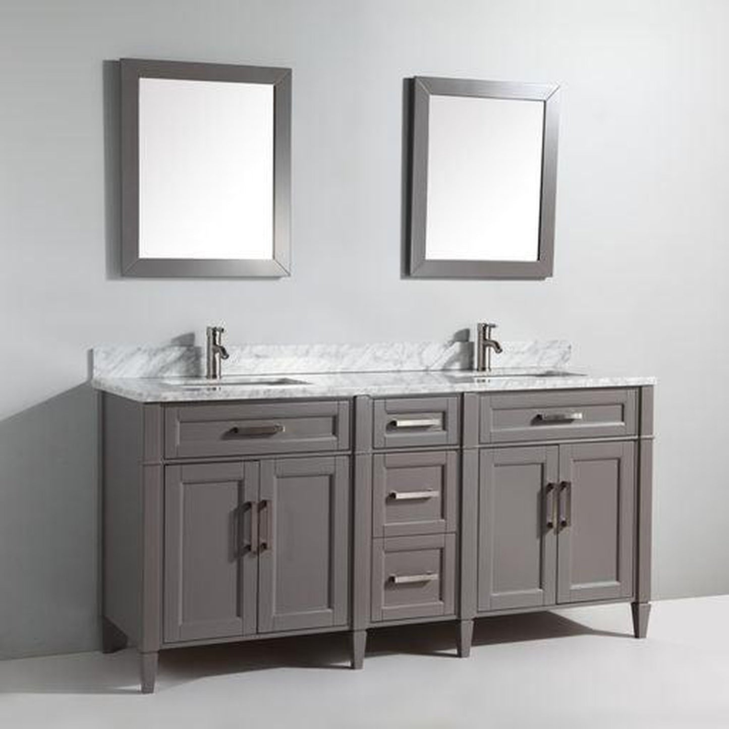 Vanity Art Savona 72" Double Gray Freestanding Modern Bathroom Vanity Set With Carrara Marble Top, Undermount Ceramic Sink, 5 Dovetail Drawer Cabinet, Backsplash and 2 Mirrors