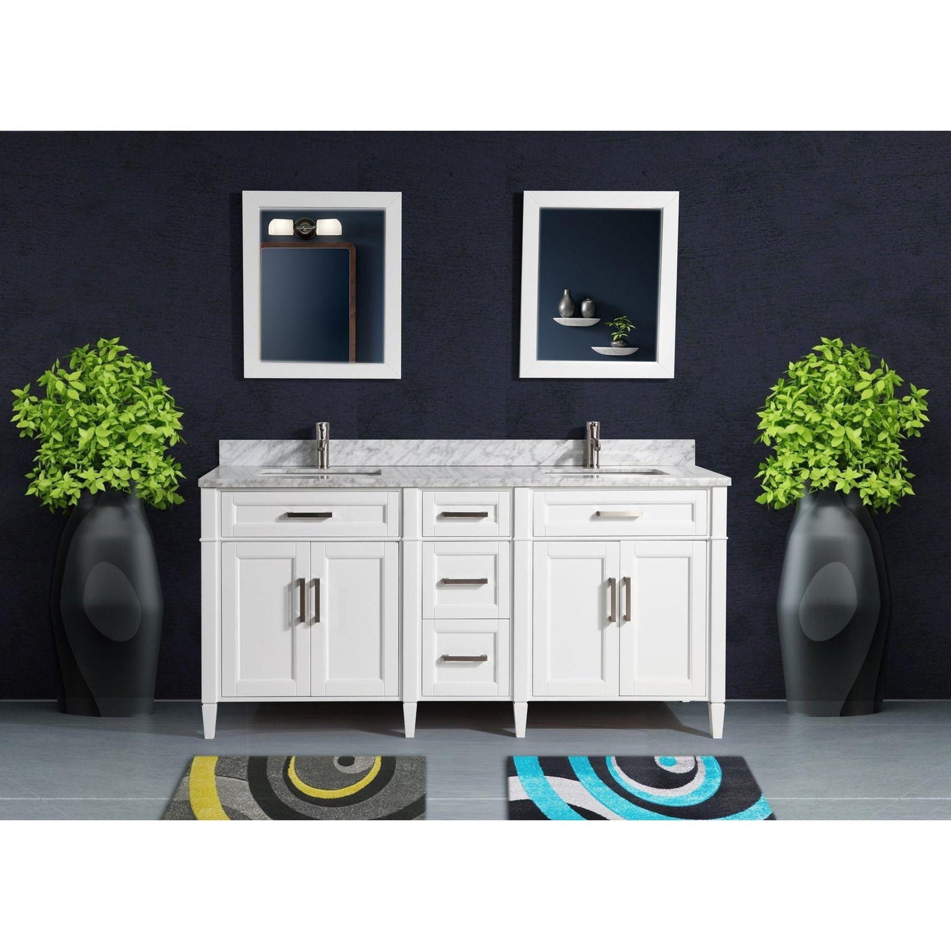 Vanity Art Savona 72" Double White Freestanding Modern Bathroom Vanity Set With Carrara Marble Top, Undermount Ceramic Sink, 5 Dovetail Drawer Cabinet, Backsplash and 2 Mirrors