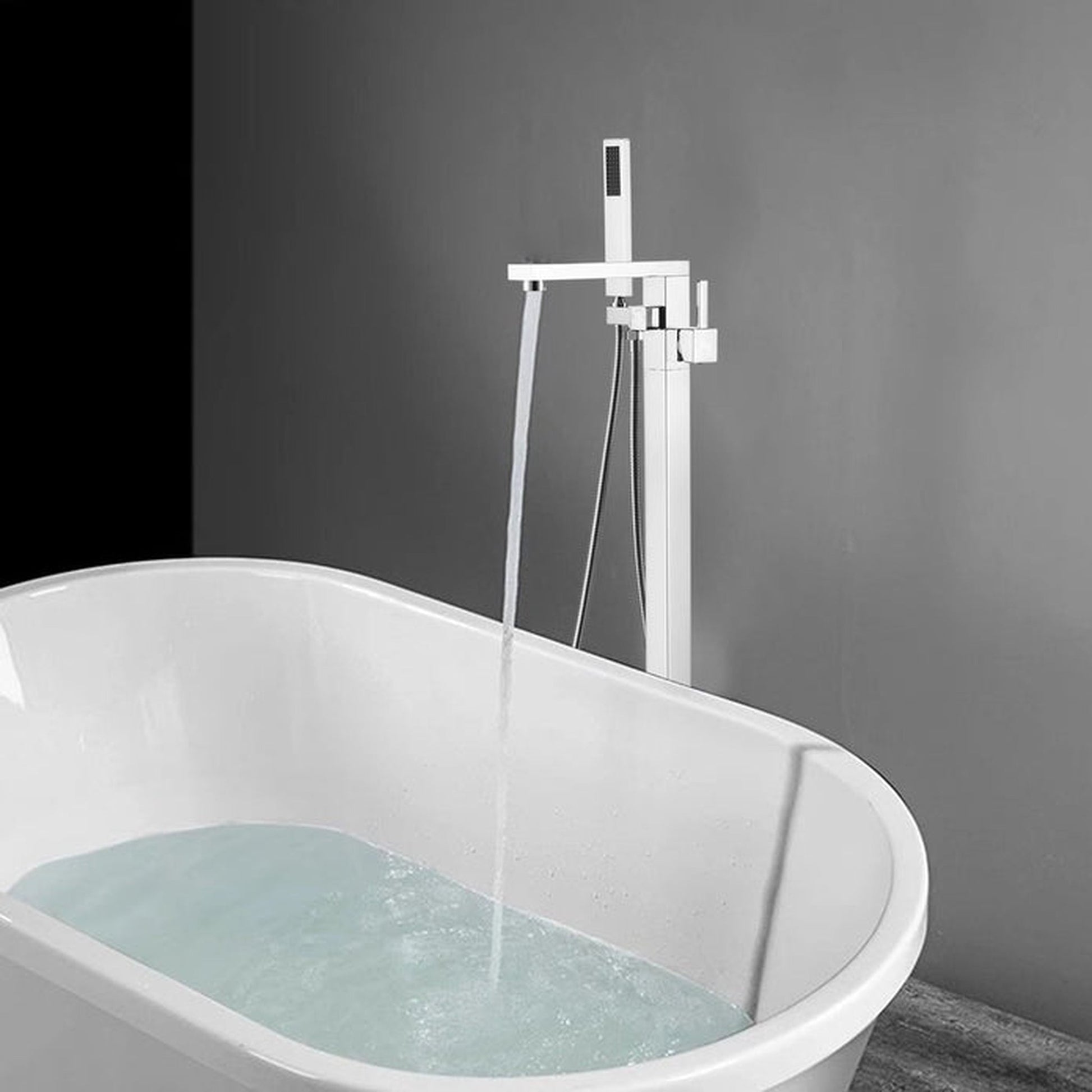 Vanity Art VA2011 34" Polished Chrome Freestanding Floor Mounted Bathtub Faucet With Handheld Shower