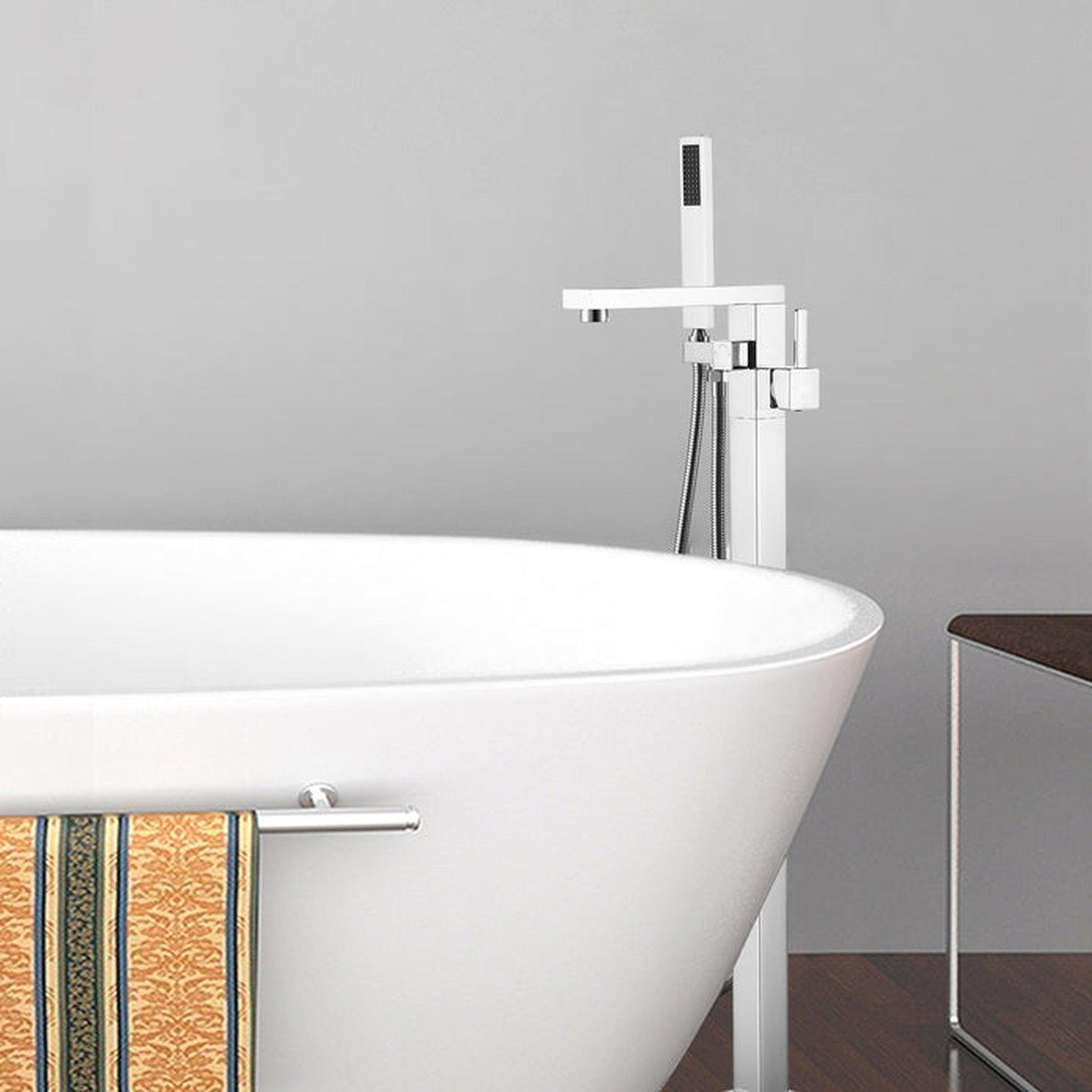 Vanity Art VA2011 34" Polished Chrome Freestanding Floor Mounted Bathtub Faucet With Handheld Shower