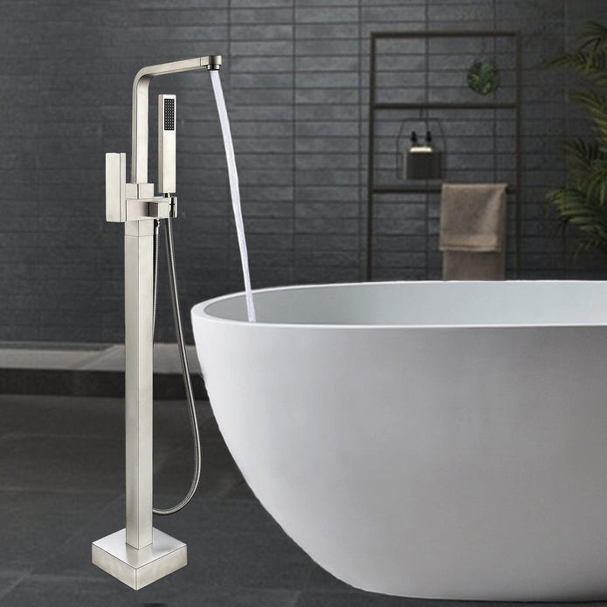 Vanity Art VA2016 42" Brushed Nickel Freestanding Waterfall Bathtub Faucet With Handheld Shower