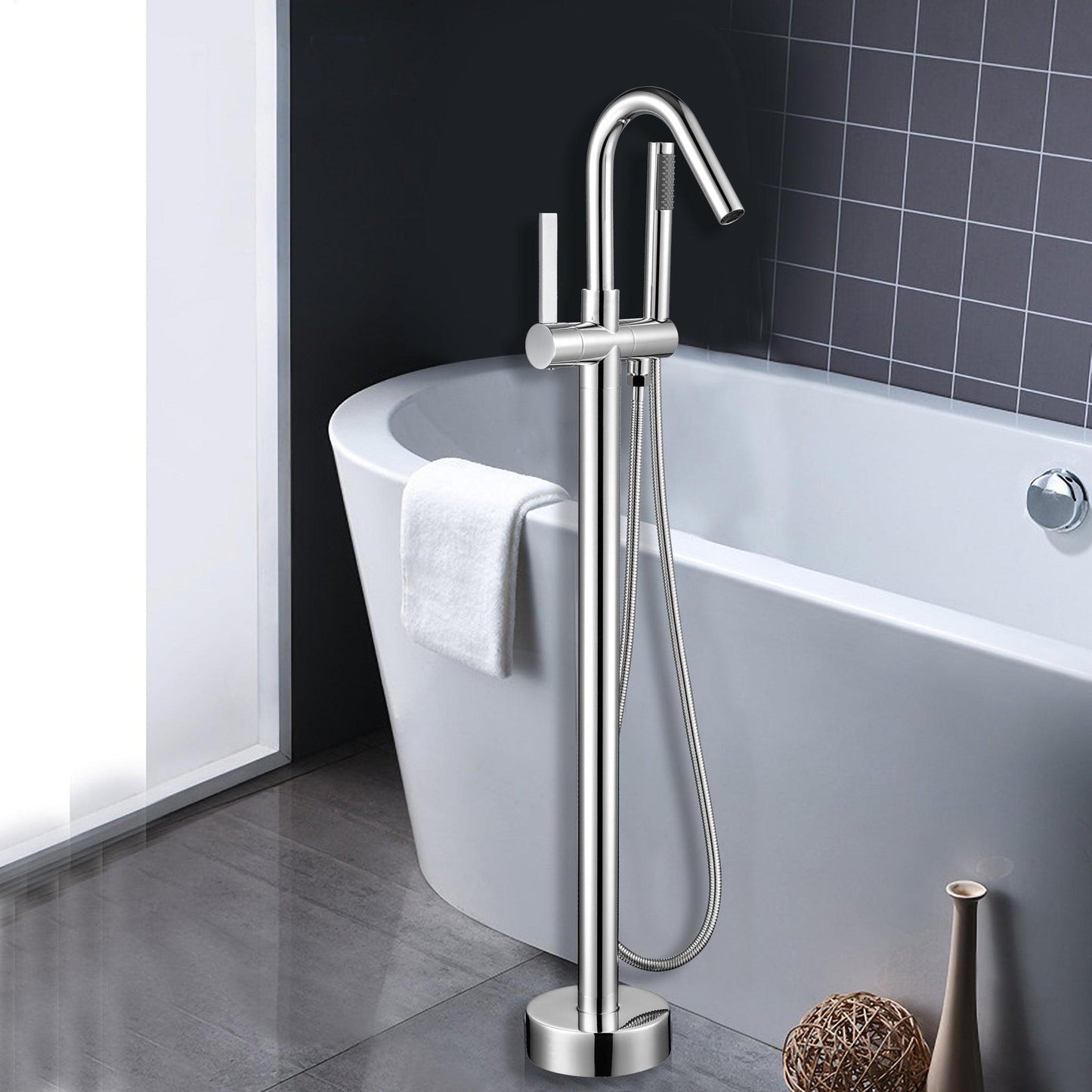 Vanity Art VA2034 40" Polished Chrome Freestanding Floor Mounted Bathtub Faucet With Handheld Shower and Single Diverter Knob