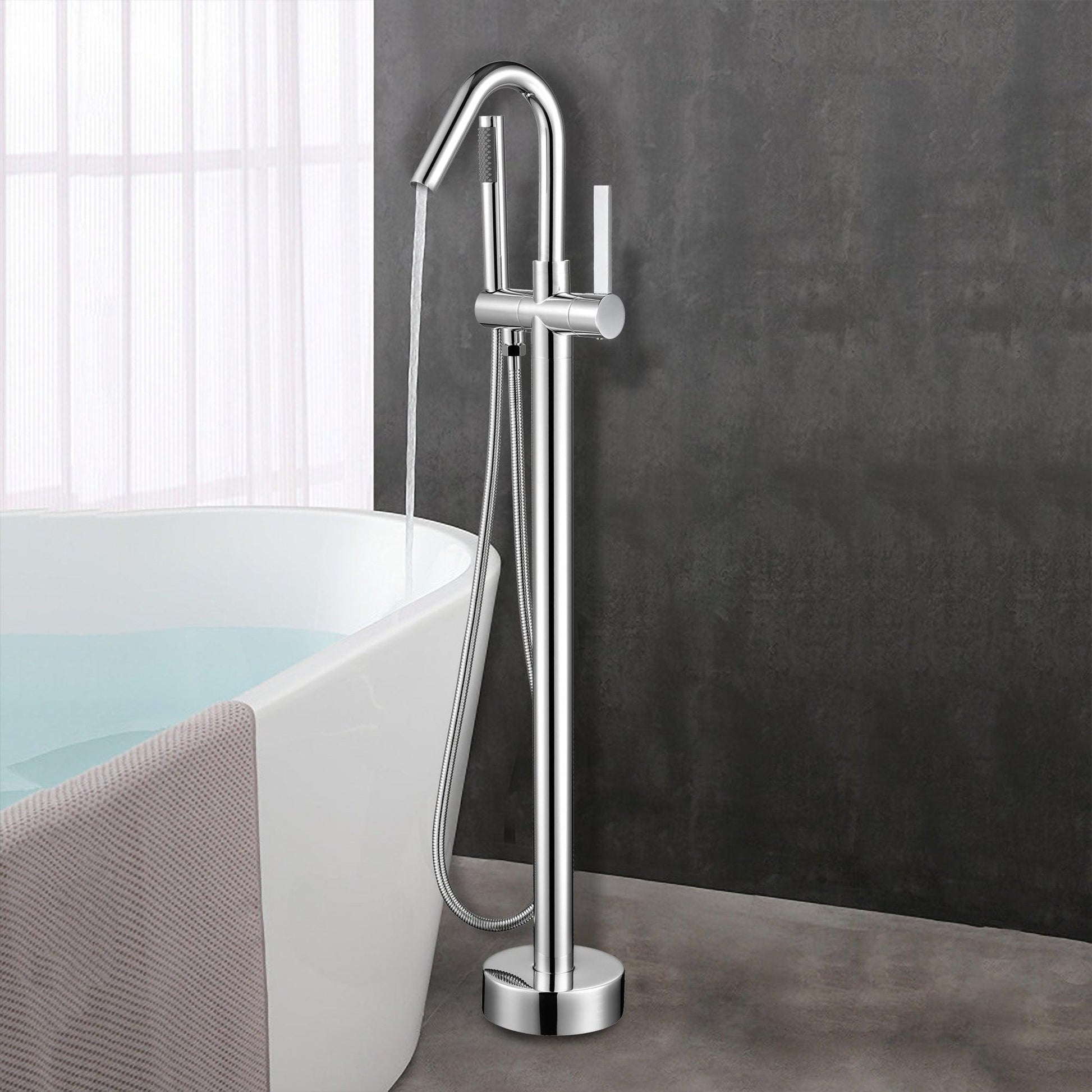 Vanity Art VA2034 40" Polished Chrome Freestanding Floor Mounted Bathtub Faucet With Handheld Shower and Single Diverter Knob