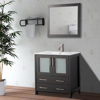 Vanity Art VA30 30" Single Espresso Freestanding Modern Bathroom Vanity Set With Integrated Ceramic Sink, Compact 1 Shelf, 2 Dovetail Drawers Cabinet And Mirror