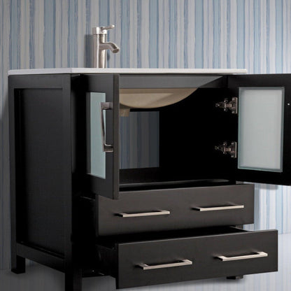 Vanity Art VA30 30" Single Espresso Freestanding Modern Bathroom Vanity Set With Integrated Ceramic Sink, Compact 1 Shelf, 2 Dovetail Drawers Cabinet And Mirror