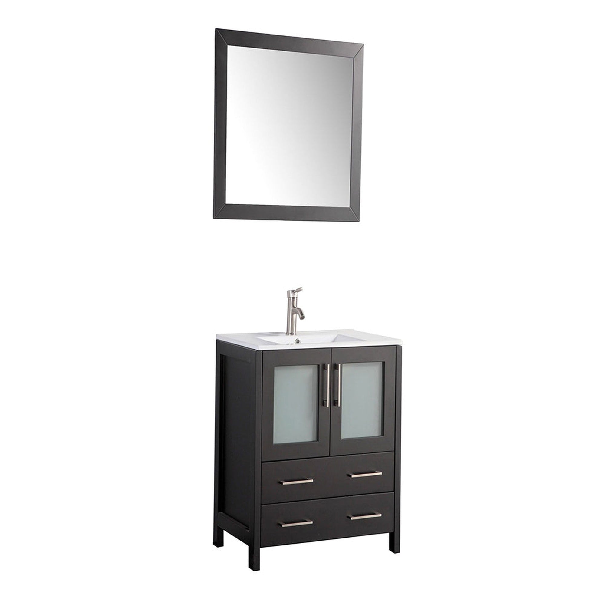 Vanity Art VA30 30" Single Espresso Freestanding Modern Bathroom Vanity Set With Integrated Ceramic Sink, Compact 1 Shelf, 2 Dovetail Drawers Cabinet And Mirror