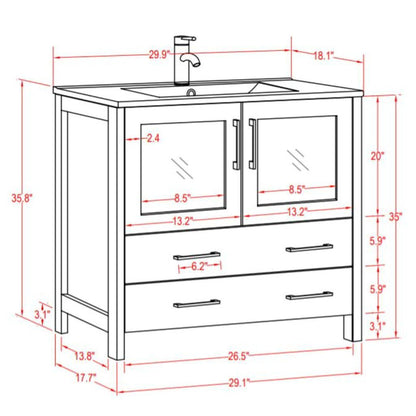 Vanity Art VA30 30" Single Gray Freestanding Modern Bathroom Vanity Set With Integrated Ceramic Sink, Compact 1 Shelf, 2 Dovetail Drawers Cabinet And Mirror