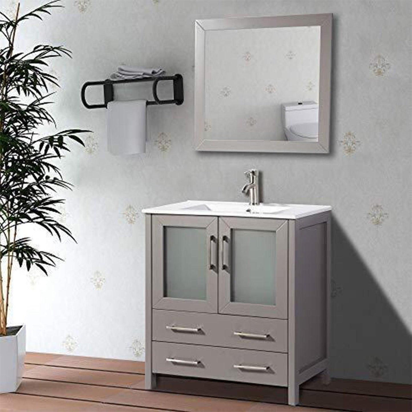 Vanity Art VA30 30" Single Gray Freestanding Modern Bathroom Vanity Set With Integrated Ceramic Sink, Compact 1 Shelf, 2 Dovetail Drawers Cabinet And Mirror