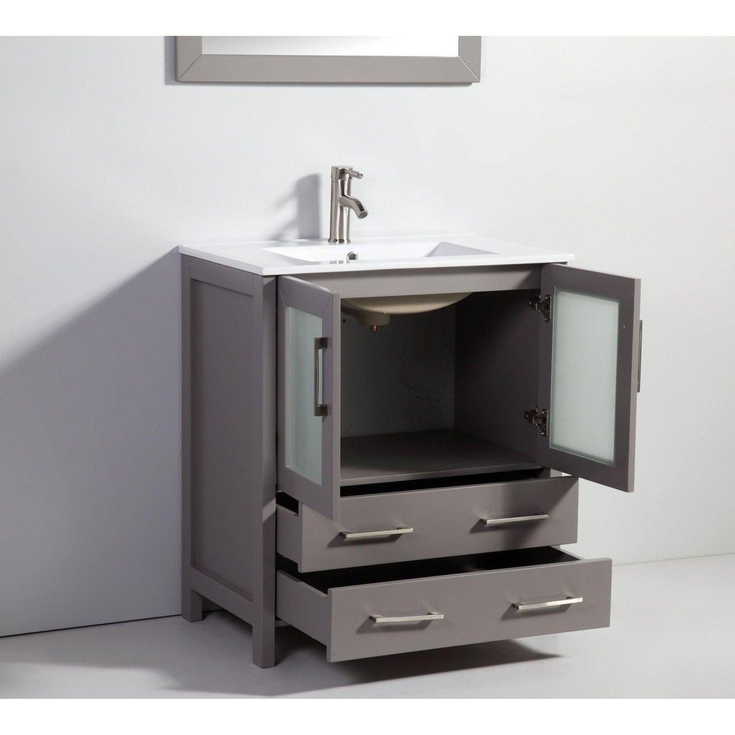 Vanity Art VA30 30" Single Gray Freestanding Modern Bathroom Vanity Set With Integrated Ceramic Sink, Compact 1 Shelf, 2 Dovetail Drawers Cabinet And Mirror