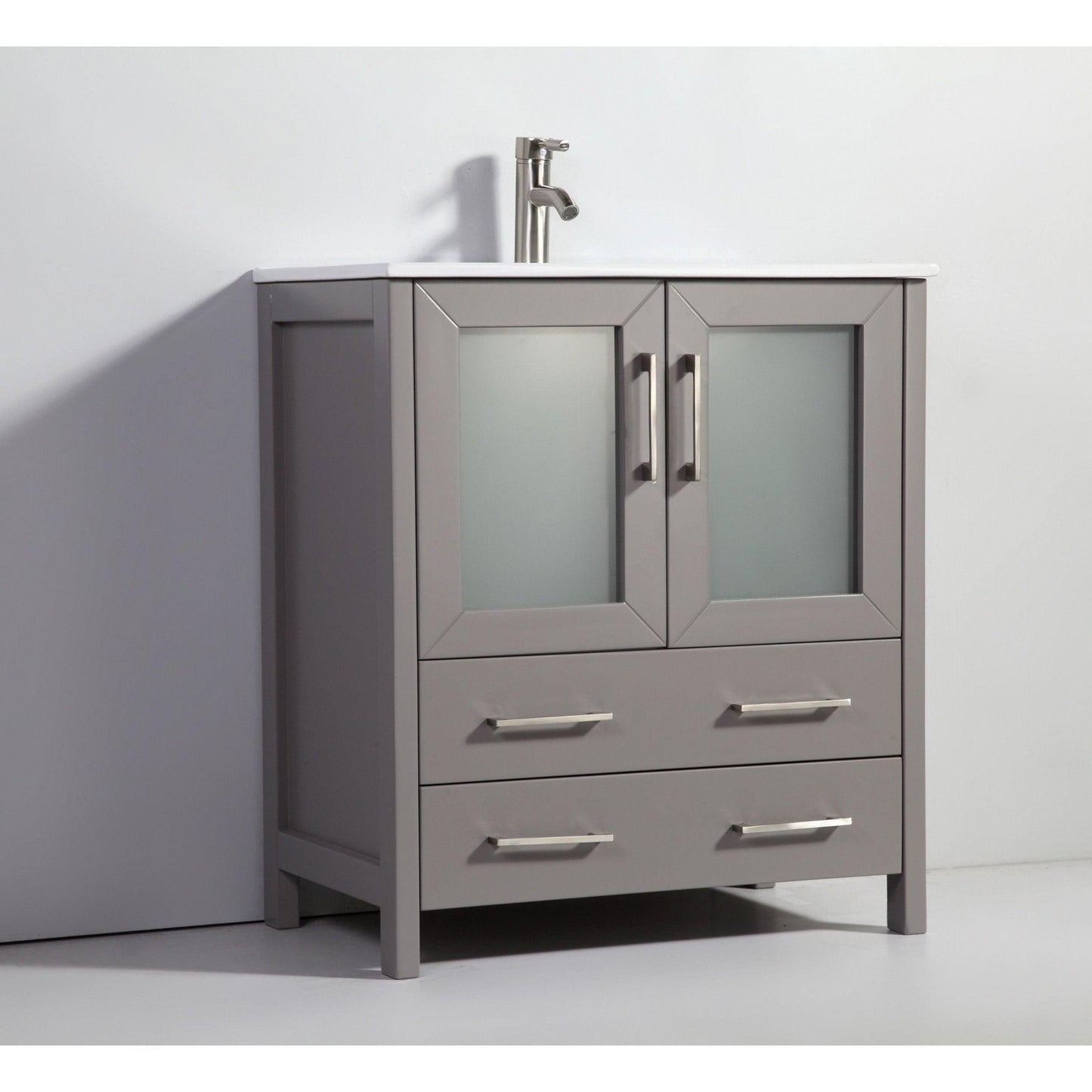 Vanity Art VA30 30" Single Gray Freestanding Modern Bathroom Vanity Set With Integrated Ceramic Sink, Compact 1 Shelf, 2 Dovetail Drawers Cabinet And Mirror