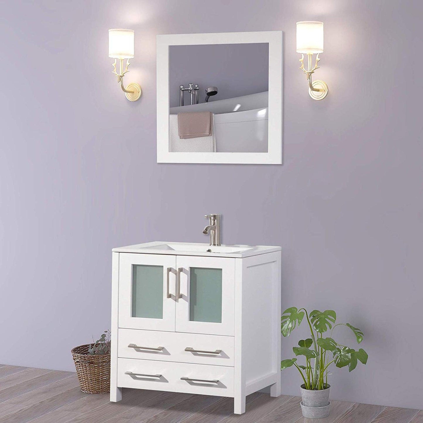 Vanity Art VA30 30" Single White Freestanding Modern Bathroom Vanity Set With Integrated Ceramic Sink, Compact 1 Shelf, 2 Dovetail Drawers Cabinet And Mirror