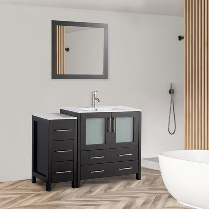 Vanity Art VA30 42" Single Espresso Freestanding Modern Bathroom Vanity Set With Integrated Ceramic Sink, Compact 1 Shelf, 5 Dovetail Drawers Cabinet And Mirror