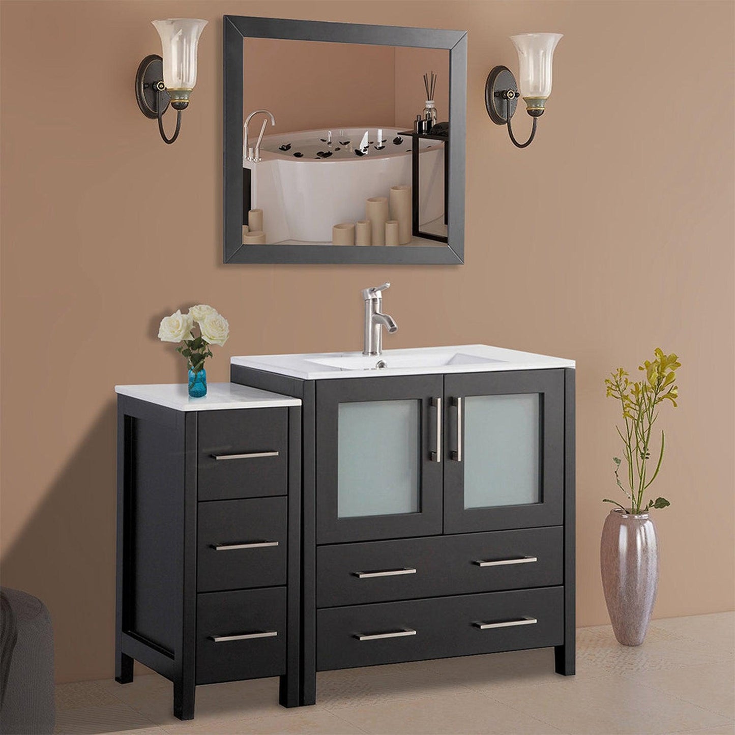 Vanity Art VA30 42" Single Espresso Freestanding Modern Bathroom Vanity Set With Integrated Ceramic Sink, Compact 1 Shelf, 5 Dovetail Drawers Cabinet And Mirror