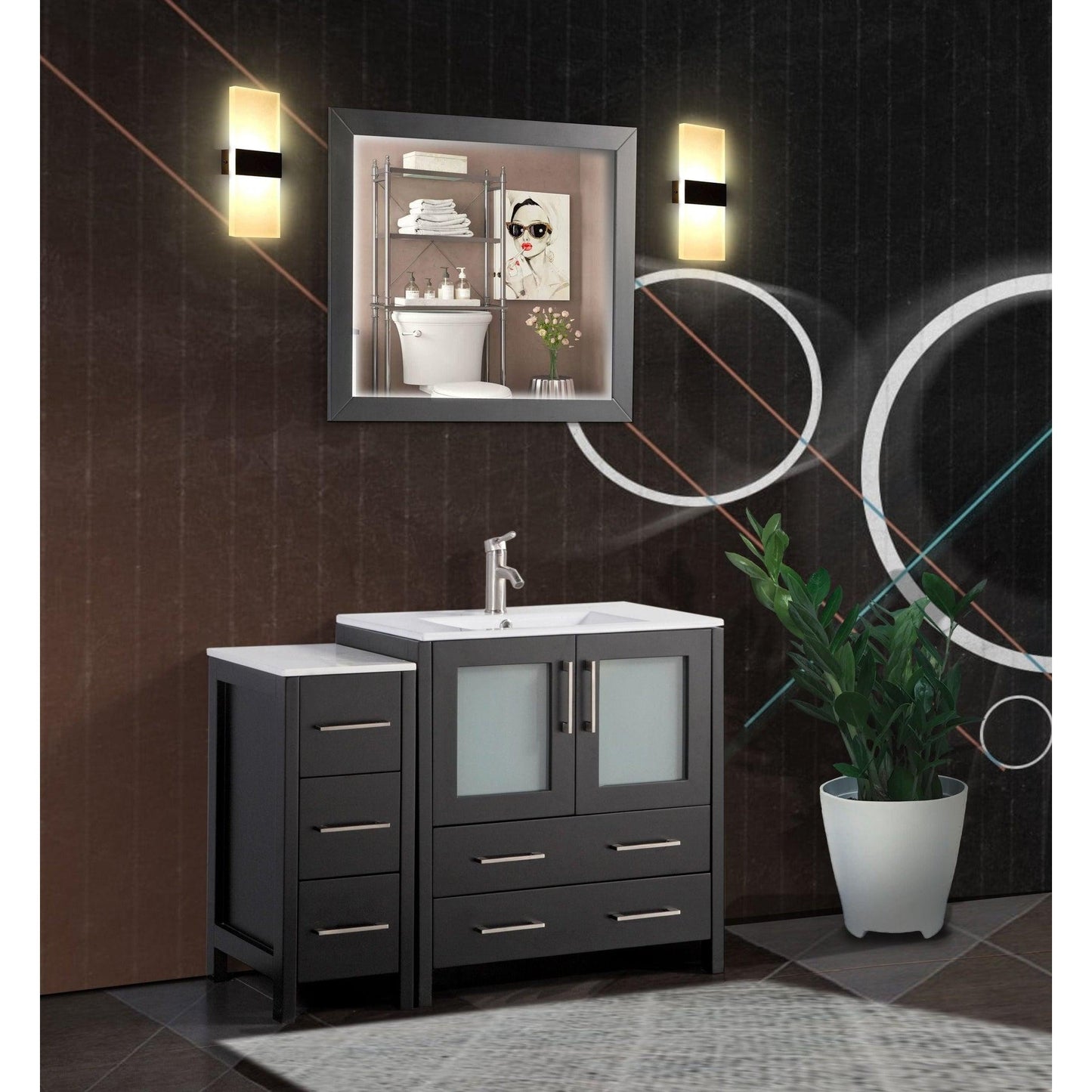 Vanity Art VA30 42" Single Espresso Freestanding Modern Bathroom Vanity Set With Integrated Ceramic Sink, Compact 1 Shelf, 5 Dovetail Drawers Cabinet And Mirror