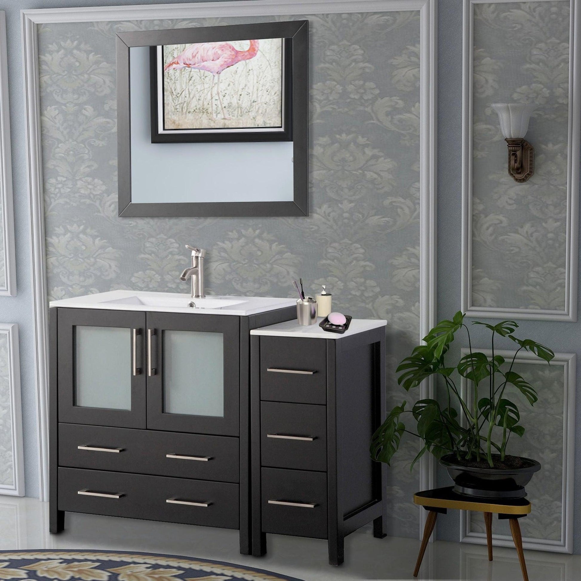 Vanity Art VA30 42" Single Espresso Freestanding Modern Bathroom Vanity Set With Integrated Ceramic Sink, Compact 1 Shelf, 5 Dovetail Drawers Cabinet And Mirror