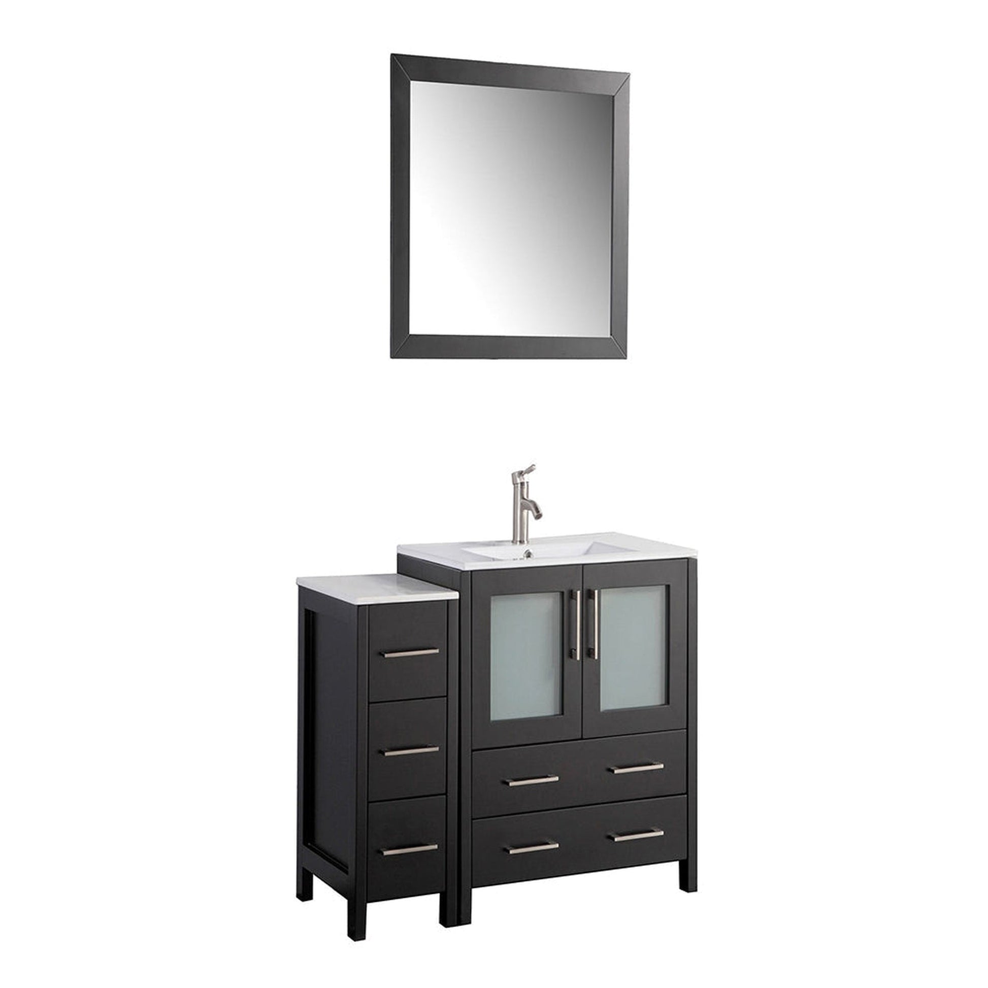 Vanity Art VA30 42" Single Espresso Freestanding Modern Bathroom Vanity Set With Integrated Ceramic Sink, Compact 1 Shelf, 5 Dovetail Drawers Cabinet And Mirror
