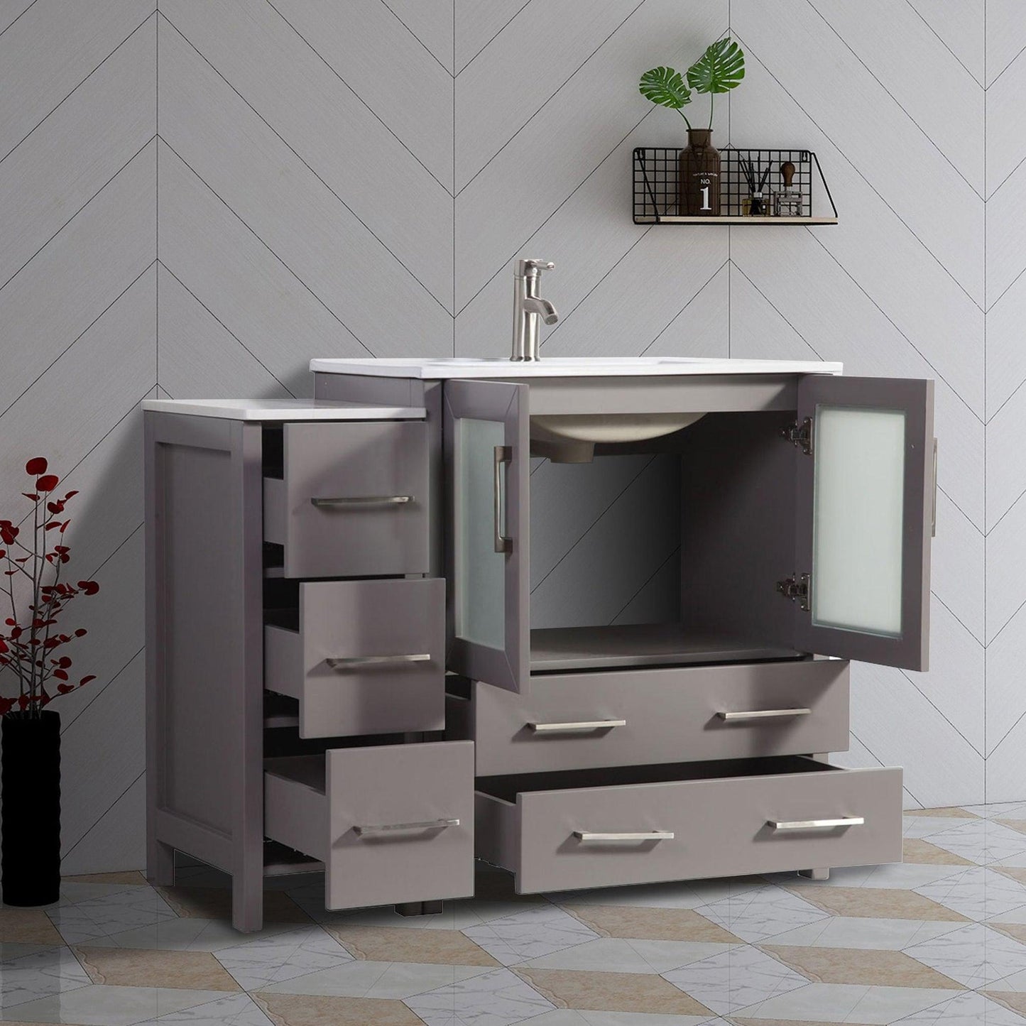 Vanity Art VA30 42" Single Gray Freestanding Modern Bathroom Vanity Set With Integrated Ceramic Sink, Compact 1 Shelf, 5 Dovetail Drawers Cabinet And Mirror