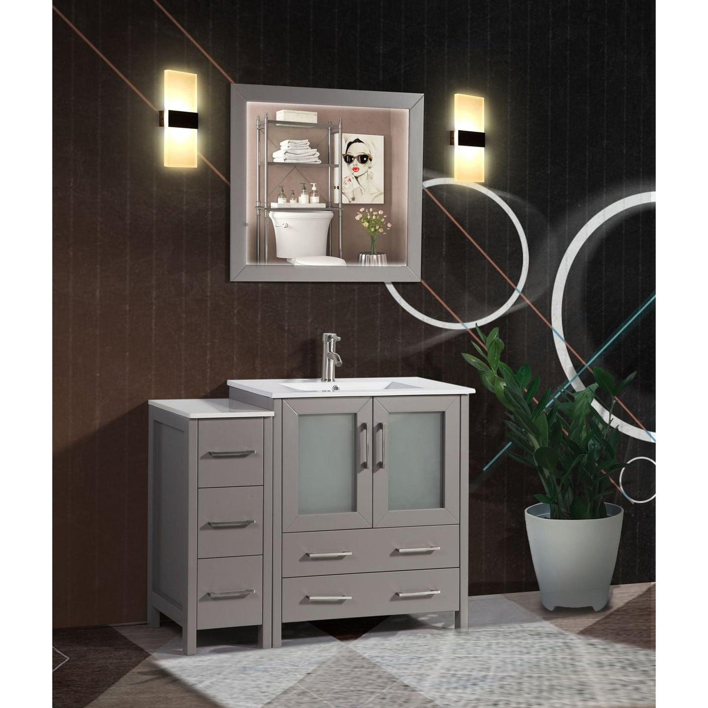 Vanity Art VA30 42" Single Gray Freestanding Modern Bathroom Vanity Set With Integrated Ceramic Sink, Compact 1 Shelf, 5 Dovetail Drawers Cabinet And Mirror