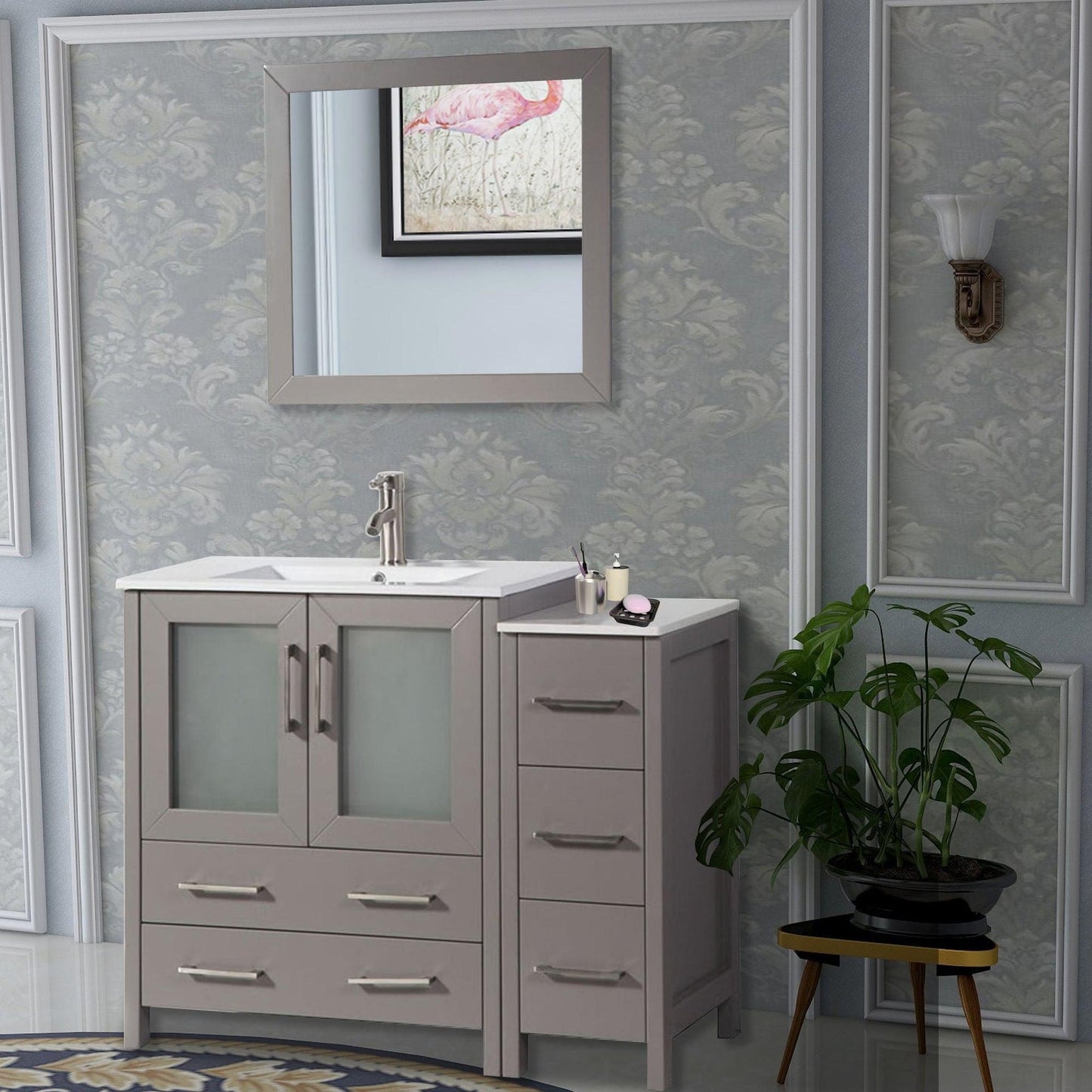 Vanity Art VA30 42" Single Gray Freestanding Modern Bathroom Vanity Set With Integrated Ceramic Sink, Compact 1 Shelf, 5 Dovetail Drawers Cabinet And Mirror