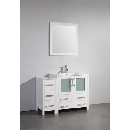 Vanity Art VA30 42" Single White Freestanding Modern Bathroom Vanity Set With Integrated Ceramic Sink, Compact 1 Shelf, 5 Dovetail Drawers Cabinet And Mirror