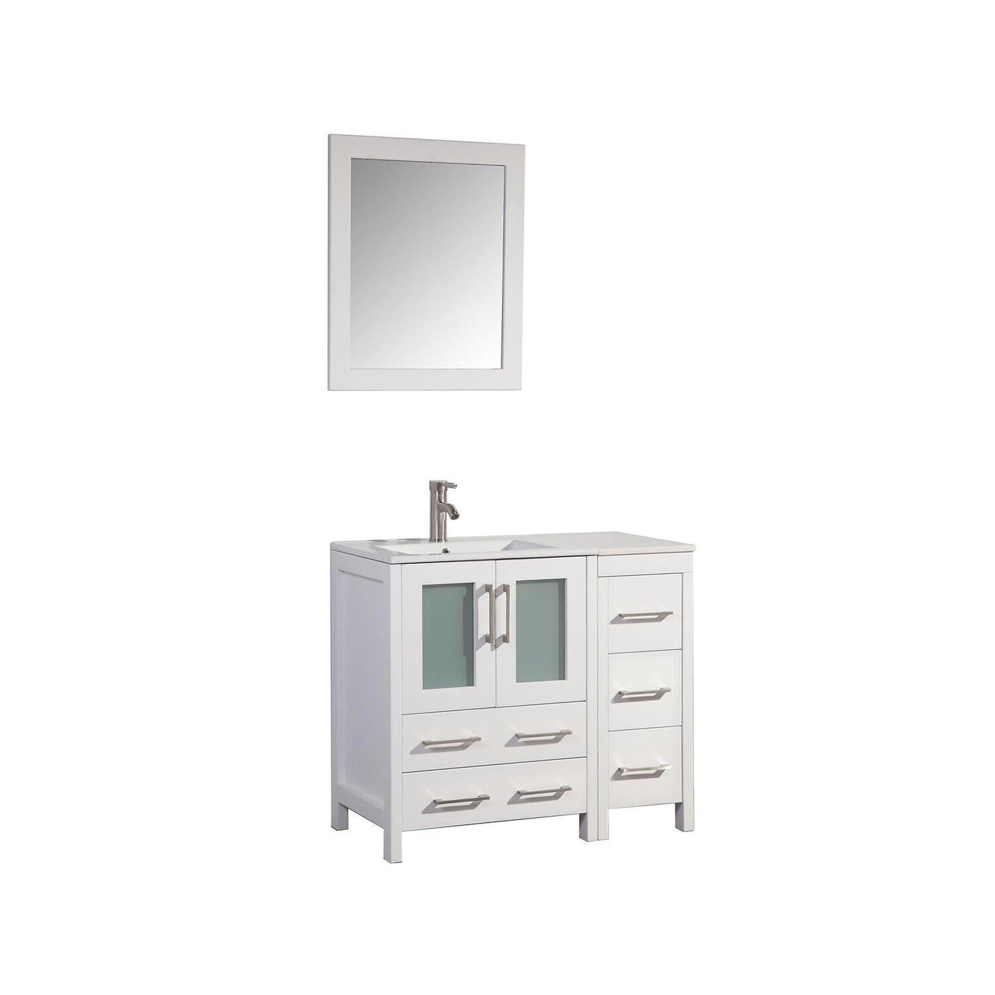 Vanity Art VA30 42" Single White Freestanding Modern Bathroom Vanity Set With Integrated Ceramic Sink, Compact 1 Shelf, 5 Dovetail Drawers Cabinet And Mirror