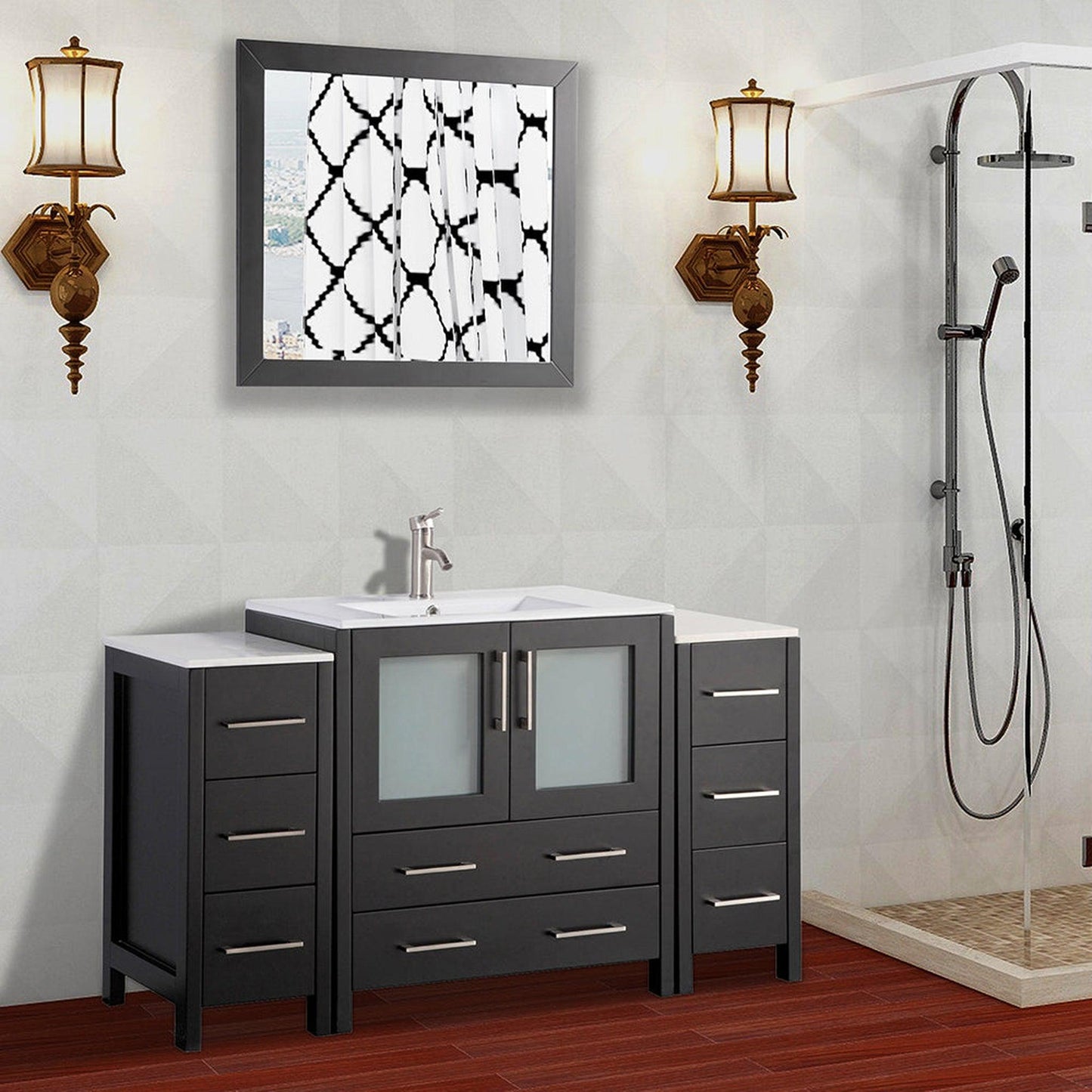 Vanity Art VA30 54" Single Espresso Freestanding Modern Bathroom Vanity Set With Integrated Ceramic Sink Compact 1 Shelf, 8 Dovetail Drawers Cabinet And Mirror