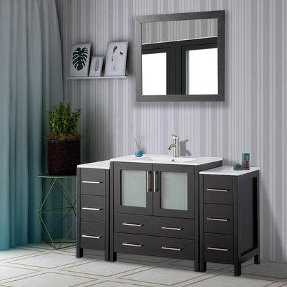 Vanity Art VA30 54" Single Espresso Freestanding Modern Bathroom Vanity Set With Integrated Ceramic Sink Compact 1 Shelf, 8 Dovetail Drawers Cabinet And Mirror