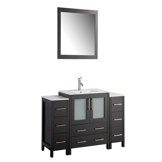 Vanity Art VA30 54" Single Espresso Freestanding Modern Bathroom Vanity Set With Integrated Ceramic Sink Compact 1 Shelf, 8 Dovetail Drawers Cabinet And Mirror