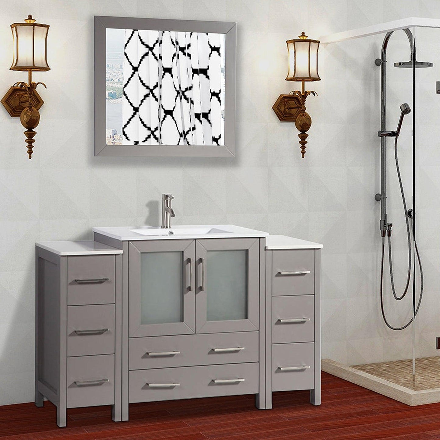 Vanity Art VA30 54" Single Gray Freestanding Modern Bathroom Vanity Set With Integrated Ceramic Sink Compact 1 Shelf, 8 Dovetail Drawers Cabinet And Mirror