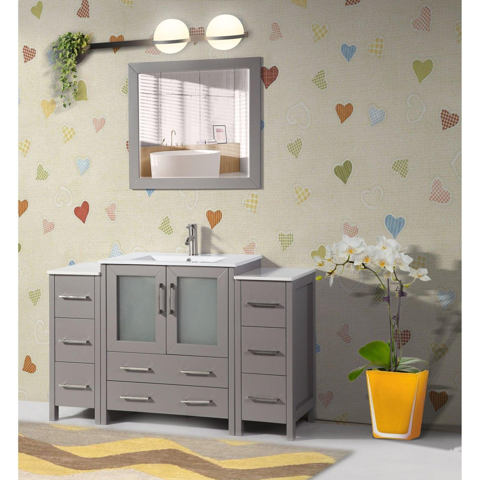 Vanity Art VA30 54" Single Gray Freestanding Modern Bathroom Vanity Set With Integrated Ceramic Sink Compact 1 Shelf, 8 Dovetail Drawers Cabinet And Mirror