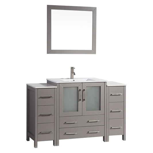 Vanity Art VA30 54" Single Gray Freestanding Modern Bathroom Vanity Set With Integrated Ceramic Sink Compact 1 Shelf, 8 Dovetail Drawers Cabinet And Mirror