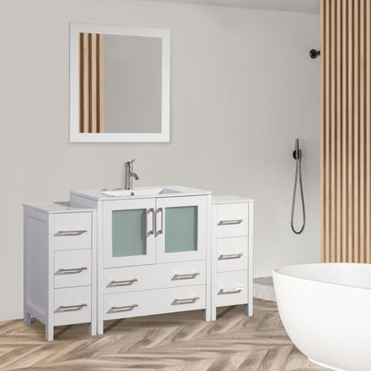 Vanity Art VA30 54" Single White Freestanding Modern Bathroom Vanity Set With Integrated Ceramic Sink Compact 1 Shelf, 8 Dovetail Drawers Cabinet And Mirror