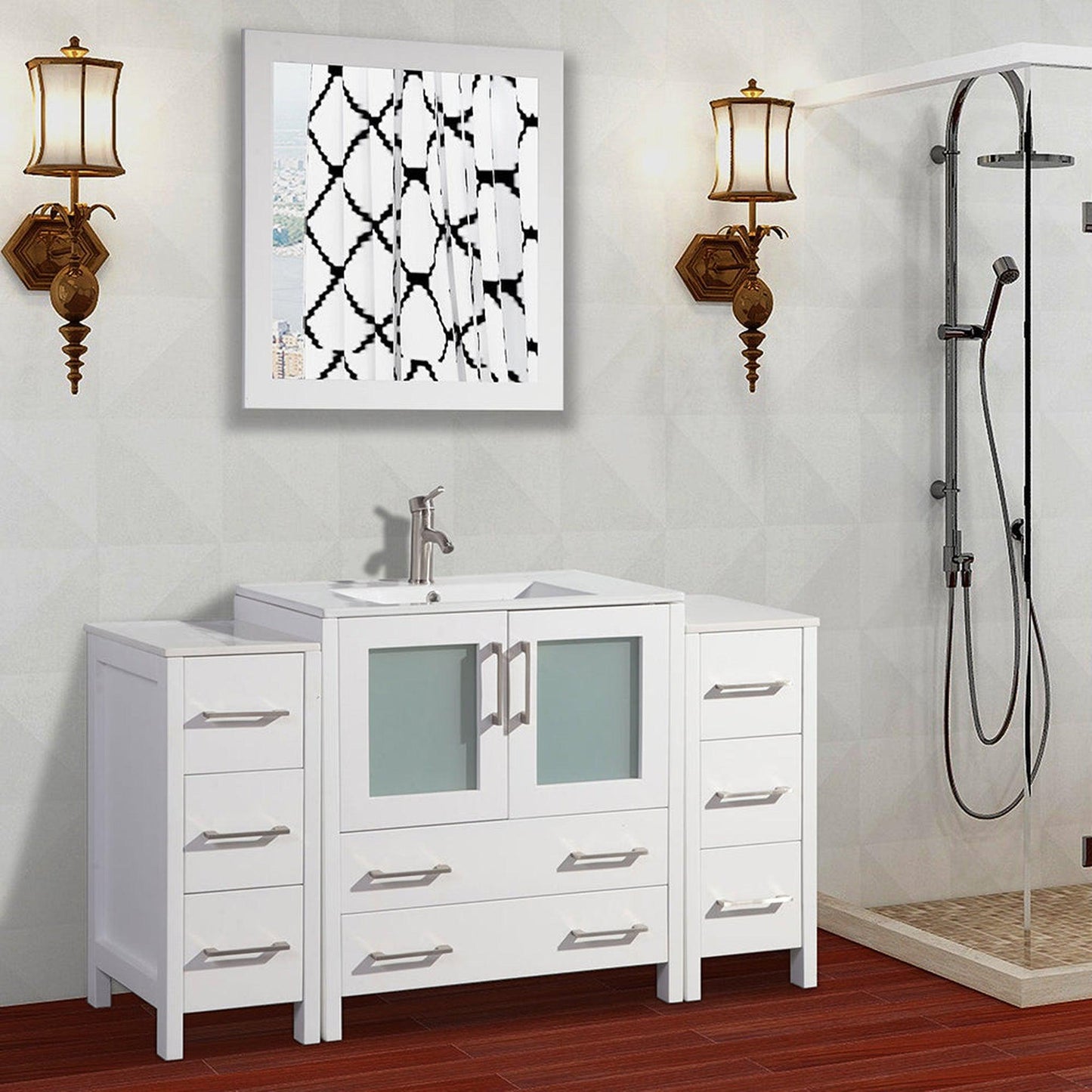 Vanity Art VA30 54" Single White Freestanding Modern Bathroom Vanity Set With Integrated Ceramic Sink Compact 1 Shelf, 8 Dovetail Drawers Cabinet And Mirror