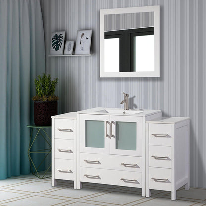 Vanity Art VA30 54" Single White Freestanding Modern Bathroom Vanity Set With Integrated Ceramic Sink Compact 1 Shelf, 8 Dovetail Drawers Cabinet And Mirror