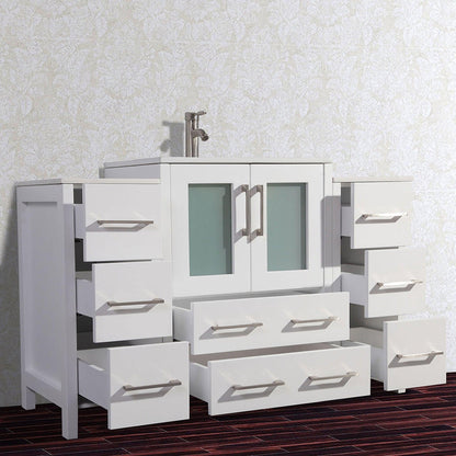 Vanity Art VA30 54" Single White Freestanding Modern Bathroom Vanity Set With Integrated Ceramic Sink Compact 1 Shelf, 8 Dovetail Drawers Cabinet And Mirror