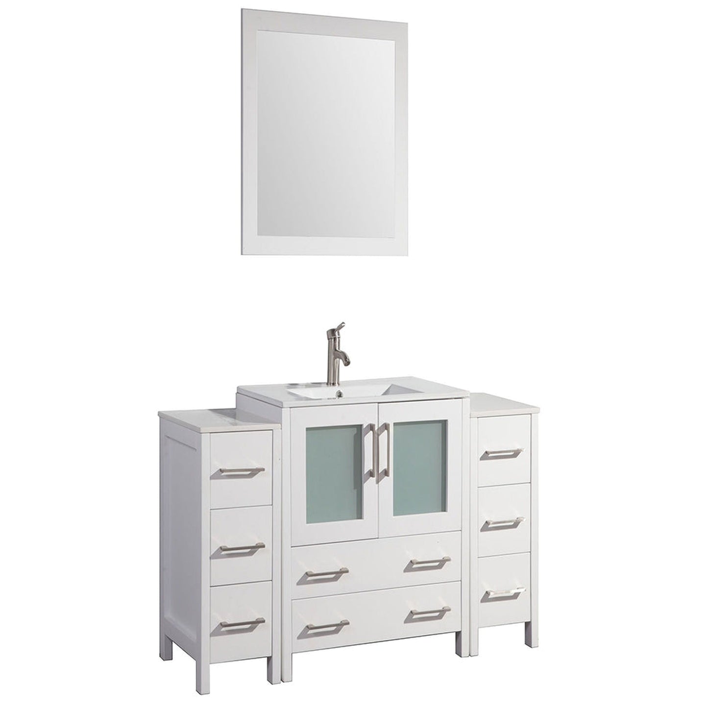 Vanity Art VA30 54" Single White Freestanding Modern Bathroom Vanity Set With Integrated Ceramic Sink Compact 1 Shelf, 8 Dovetail Drawers Cabinet And Mirror