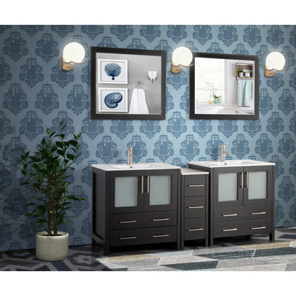 Vanity Art VA30 72" Double Espresso Freestanding Modern Bathroom Vanity Set With Integrated Ceramic Sink, Compact 2 Shelves, 7 Dovetail Drawers Cabinet and 2 Mirrors