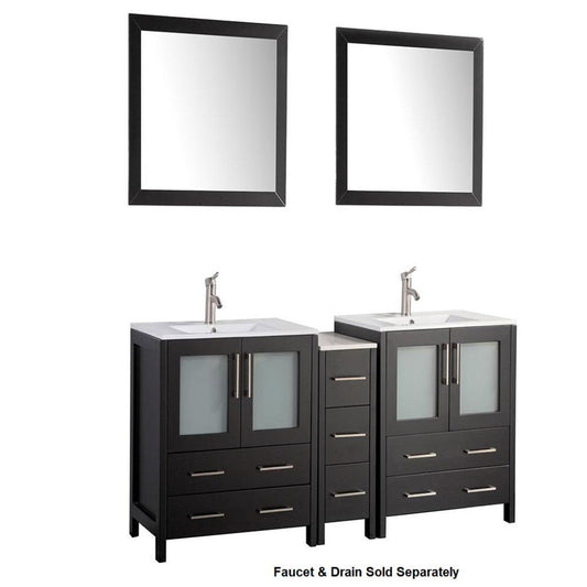 Vanity Art VA30 72" Double Espresso Freestanding Modern Bathroom Vanity Set With Integrated Ceramic Sink, Compact 2 Shelves, 7 Dovetail Drawers Cabinet and 2 Mirrors