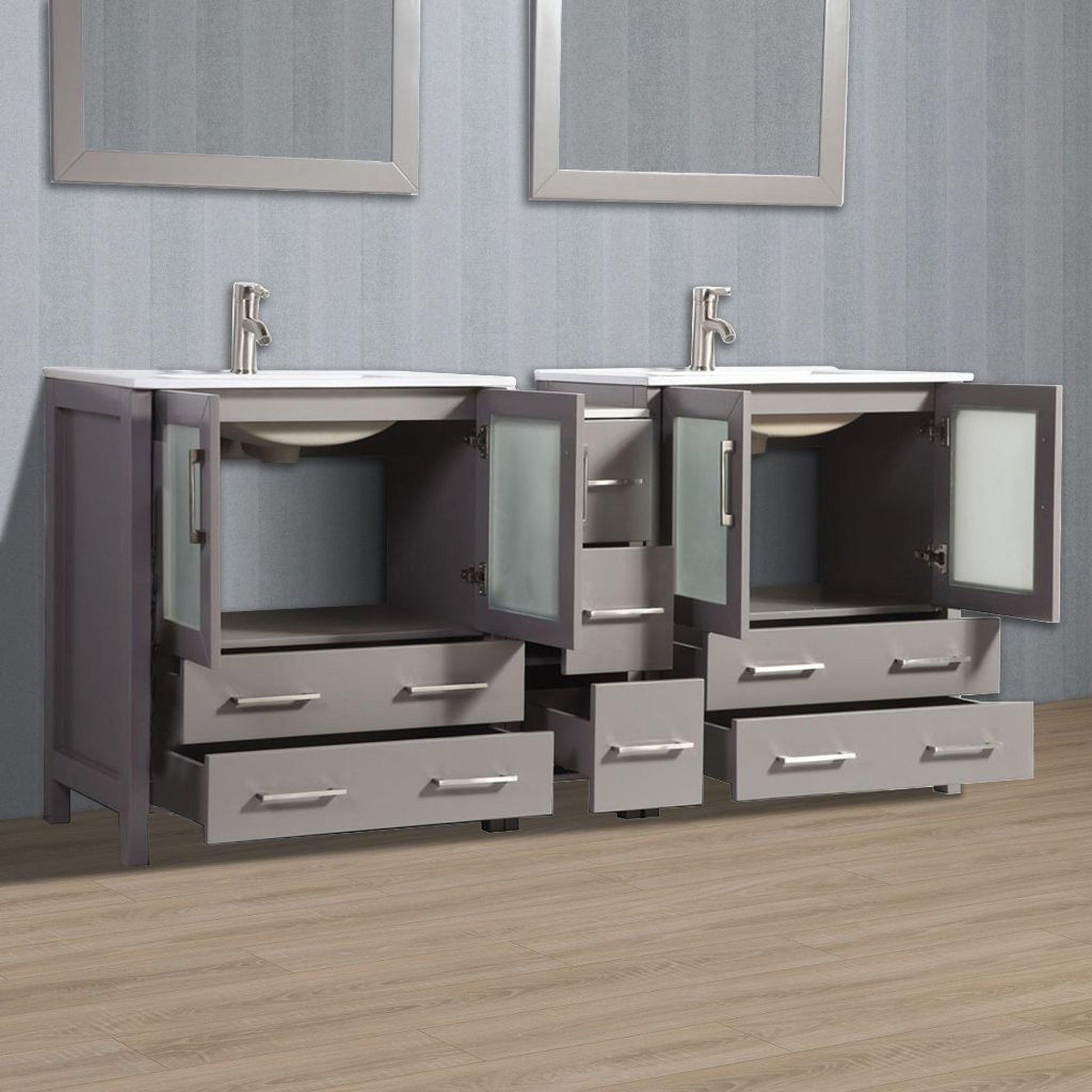 Vanity Art VA30 72" Double Gray Freestanding Modern Bathroom Vanity Set With Integrated Ceramic Sink, Compact 2 Shelves, 7 Dovetail Drawers Cabinet and 2 Mirrors