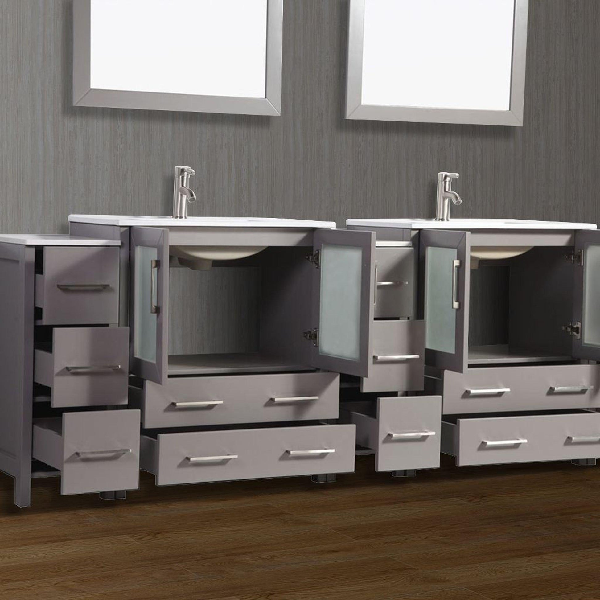 Vanity Art VA30 72" Double Gray Freestanding Modern Bathroom Vanity Set With Integrated Ceramic Sink, Compact 2 Shelves, 7 Dovetail Drawers Cabinet and 2 Mirrors