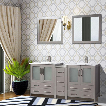 Vanity Art VA30 72" Double Gray Freestanding Modern Bathroom Vanity Set With Integrated Ceramic Sink, Compact 2 Shelves, 7 Dovetail Drawers Cabinet and 2 Mirrors