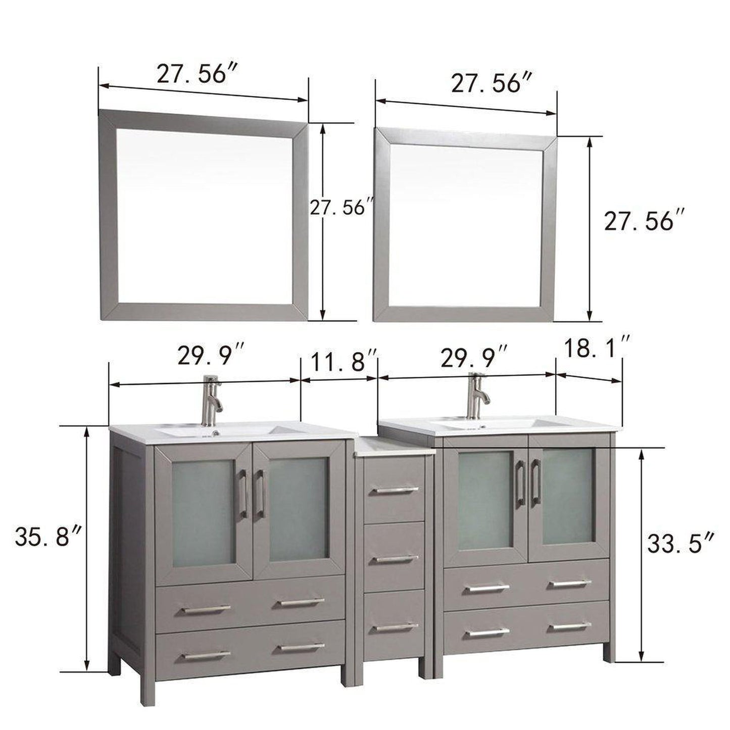 Vanity Art VA30 72" Double Gray Freestanding Modern Bathroom Vanity Set With Integrated Ceramic Sink, Compact 2 Shelves, 7 Dovetail Drawers Cabinet and 2 Mirrors