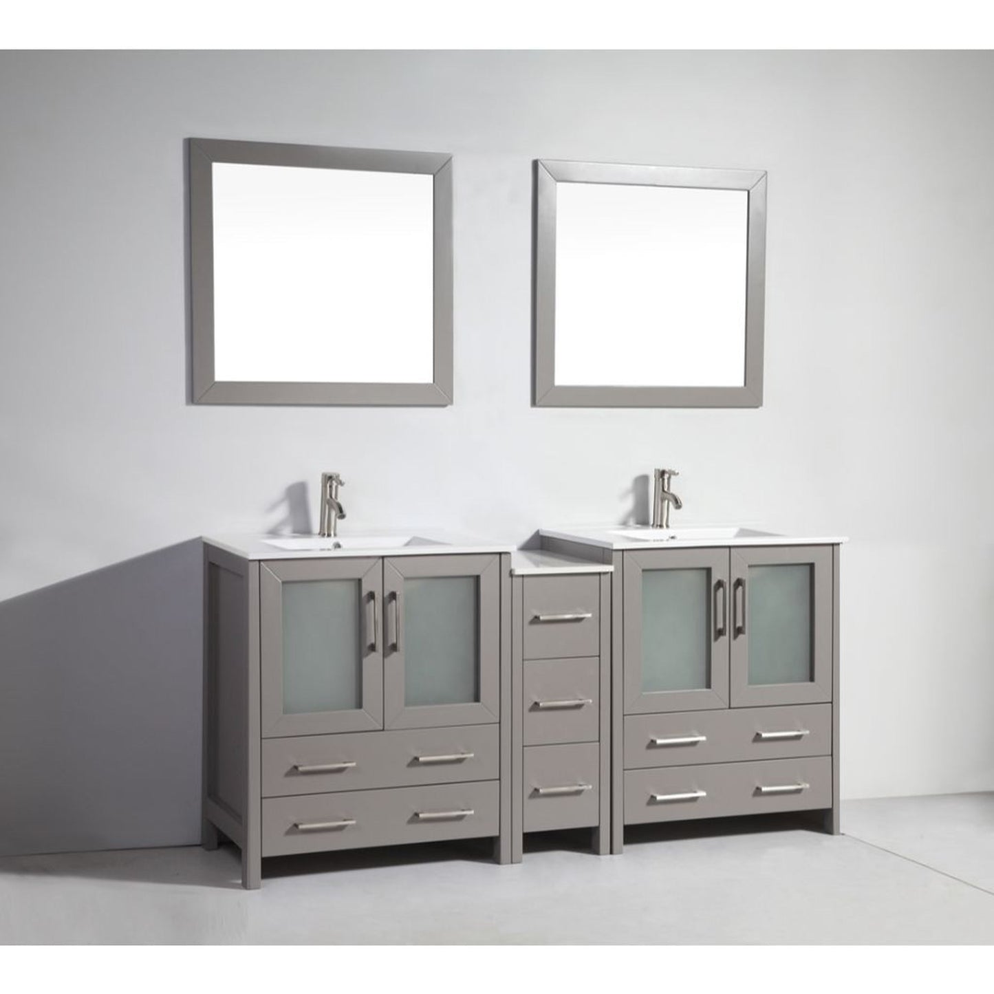 Vanity Art VA30 72" Double Gray Freestanding Modern Bathroom Vanity Set With Integrated Ceramic Sink, Compact 2 Shelves, 7 Dovetail Drawers Cabinet and 2 Mirrors