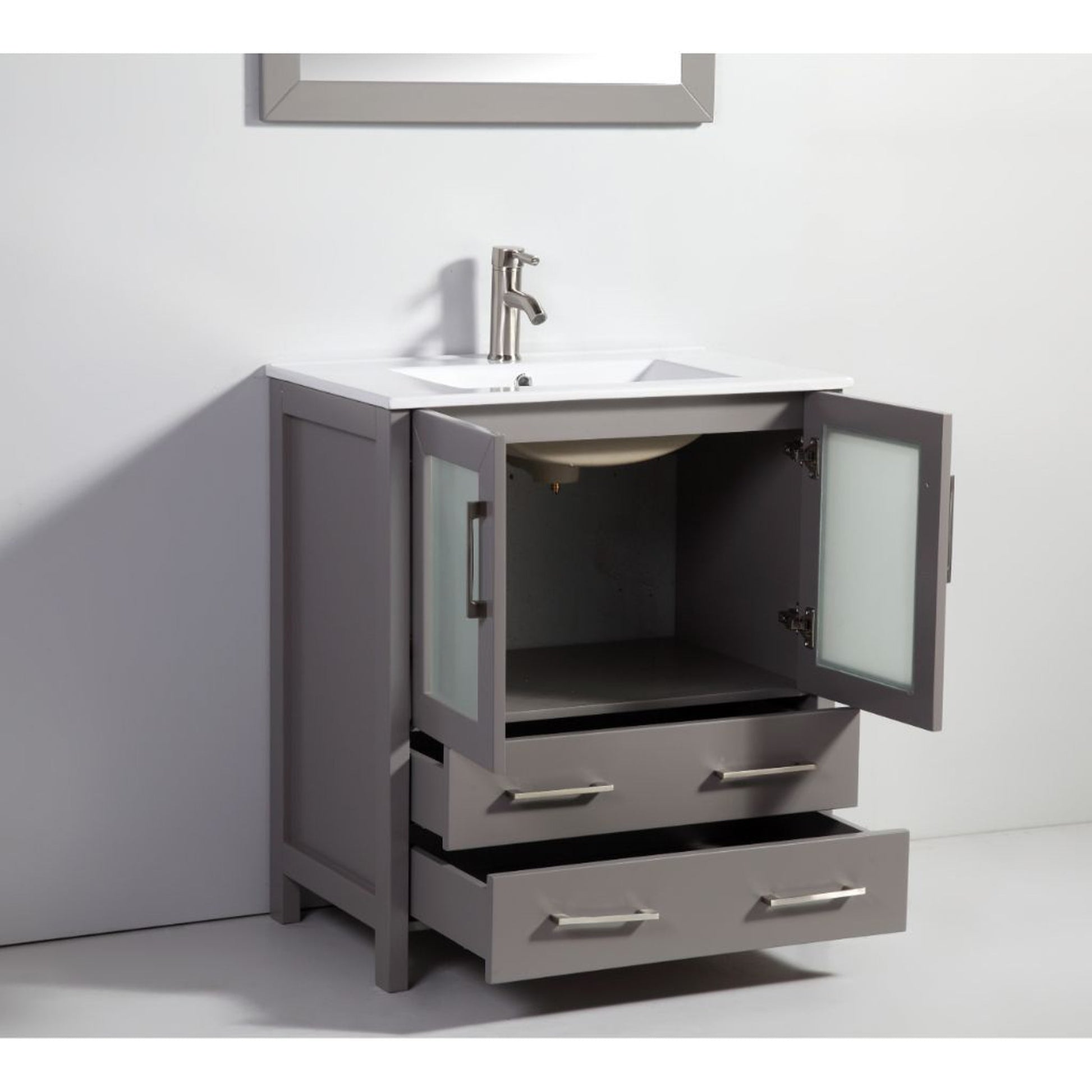 Vanity Art VA30 72" Double Gray Freestanding Modern Bathroom Vanity Set With Integrated Ceramic Sink, Compact 2 Shelves, 7 Dovetail Drawers Cabinet and 2 Mirrors