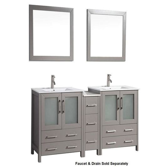 Vanity Art VA30 72" Double Gray Freestanding Modern Bathroom Vanity Set With Integrated Ceramic Sink, Compact 2 Shelves, 7 Dovetail Drawers Cabinet and 2 Mirrors
